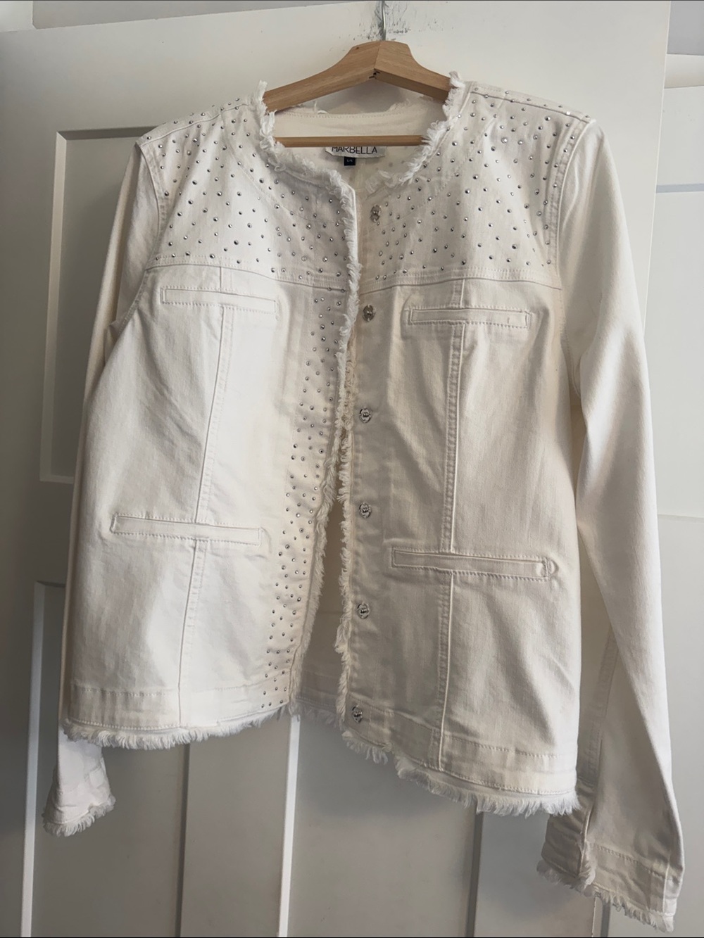 Sandro Cream Studded Fringe Jean Jacket